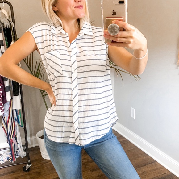Merona Striped Cap Sleeve Shirt Top White/Gray S - Picture 2 of 11